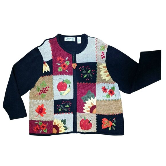 VTG Fall Patchwork Cardigan Sweater Zip Up Autumn Flowers Granny Core Plus 26/28 - Picture 3 of 10